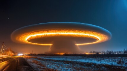 Massive ring of fiery clouds over a night landscape.