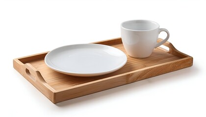 A sleek bamboo tray holding a simple white cup and plate, ideal for minimalist and modern dining settings. Perfect for serving breakfast, tea, or coffee. Isolated on white background