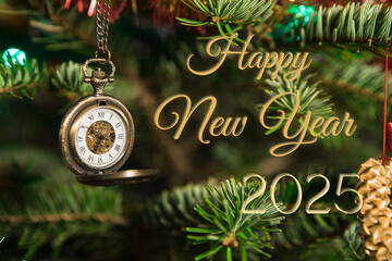 Życzenia Happy New Year 2025 w tle zegarek vintage z klapką na łańcuchu wiszący na gałęzi...