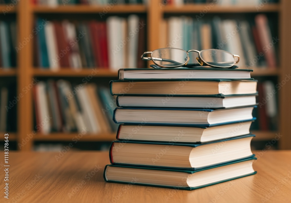 Poster stack of books with reading glasses on a wooden table in a library, suggesting a studious atmosphere