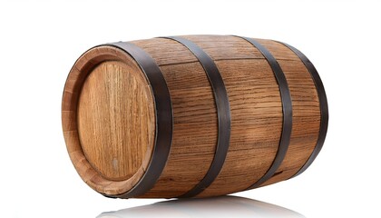 A rustic wooden barrel secured with metal bands, perfect for storage or decoration. Ideal for themes of tradition, craftsmanship, or beverage storage. Isolated on white background