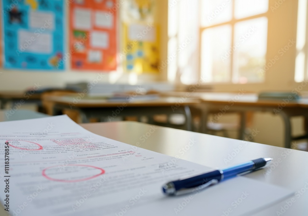 Poster failed exam paper with red marks and pen left on a school desk in an empty classroom