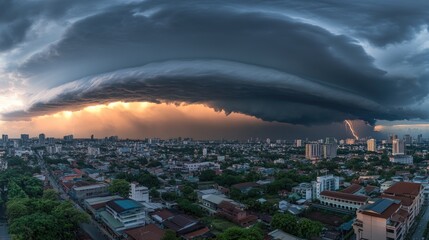 Obraz premium Dramatic Storm Clouds Over Cityscape Sunset Lightning