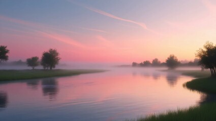 Fototapeta premium AI GENERATE, A misty river at sunrise, soft pink and orange hues filling the sky and water