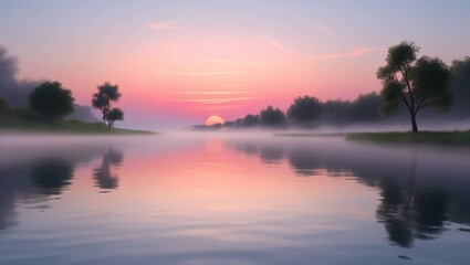 Obraz premium AI GENERATE, A misty river at sunrise, soft pink and orange hues filling the sky and water