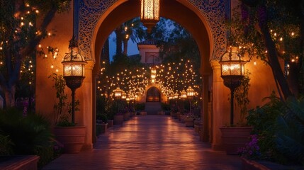 A peaceful nighttime setting with arches showcasing ornate designs and glowing ambient lighting that enhances the serenity.