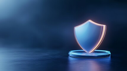 Digital shield icon glowing in blue light, symbolizing protection and security.