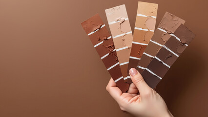 swatches with color of 2025 year in the hand - Mocha Mousse. Color trend palette.