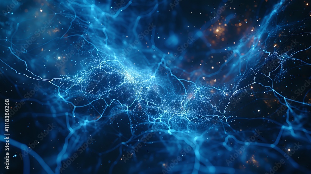 Poster blue abstract background with a network grid and particles connected. generative ai.
