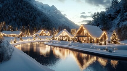 Fototapeta premium Enchanting Winter Wonderland - Illuminated Lakeside Village in Snowy Mountains
