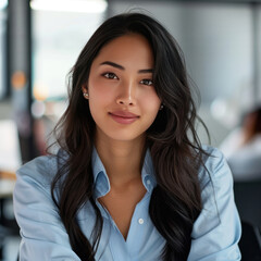 young happy woman sitting in office