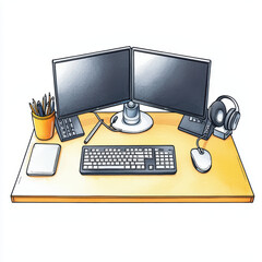 desktop computer setup featuring dual monitors, keyboard, mouse, and headphones, creating productive workspace atmosphere