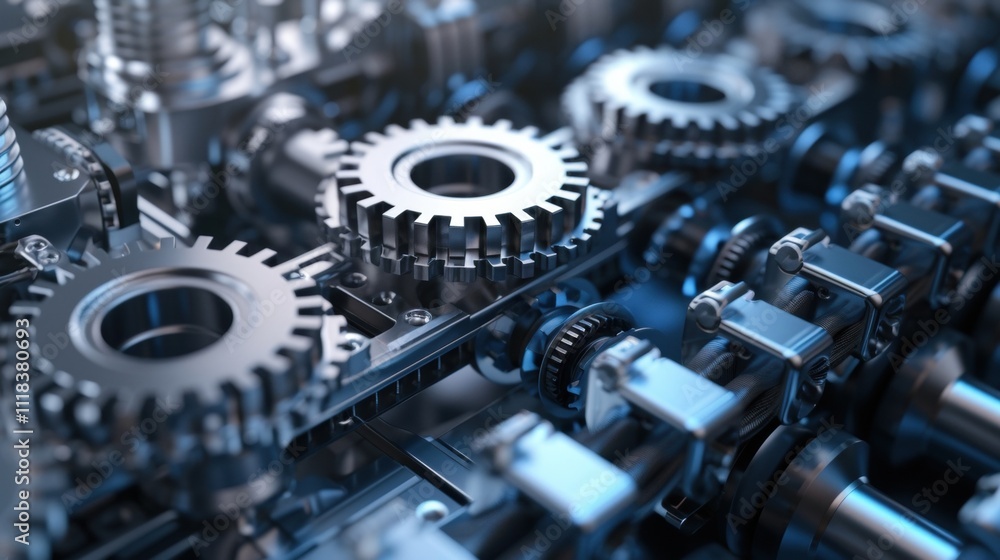 Poster complex machinery with multiple gears rotating in perfect synchronization, showcasing innovative pro