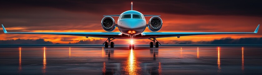 Stunning sunset view of a modern jet parked on the runway.