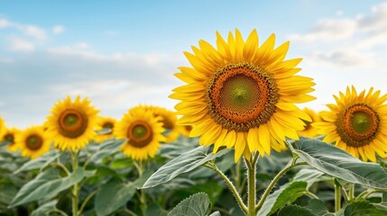 Obraz premium A vibrant field of sunflowers stands tall under a bright blue sky, showcasing their golden petals and lush green leaves.