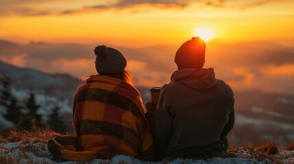 A couple watching a New Year sunrise from a mountain peak, wrapped in cozy blankets and sipping coffee. The warm golden light marks the beginning of a fresh year. The moment feels serene and 