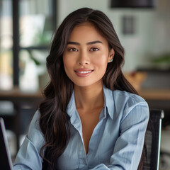 young attractive woman sitting in modern office with happy mind