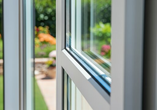 Fototapeta Sunlight streaming through modern pvc window frame, illuminating room and offering view of vibrant garden