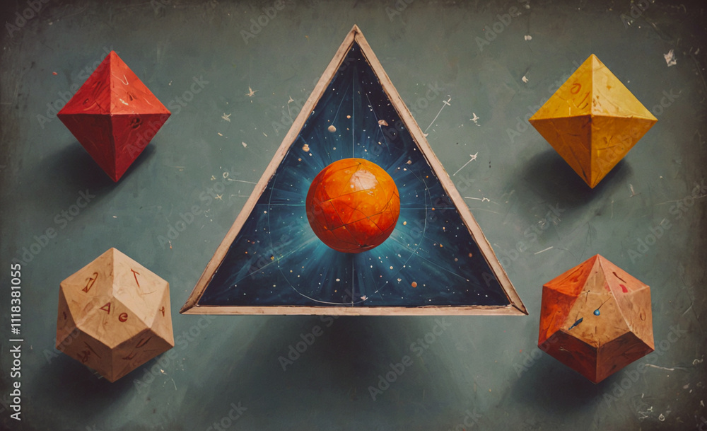 Aufkleber a painting of a triangle with a red and orange ball in the middle. the triangle is surrounded by fiv