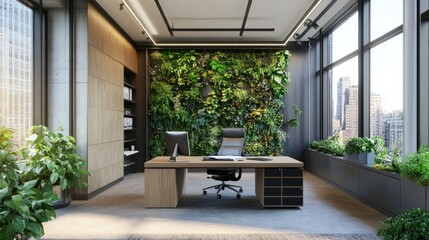 Fototapeta premium Open-concept office space with a minimalist desk, ergonomic chair, artistic wall decor, and green plants by the window