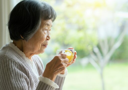 Senior woman holding a glass cup of comforting lemon tea, gazing serenely out the window at the garden
