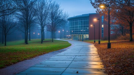 Fototapeta premium A quiet pathway surrounded by brick and glass structures, scattered trees, and an air of winter chill under soft light