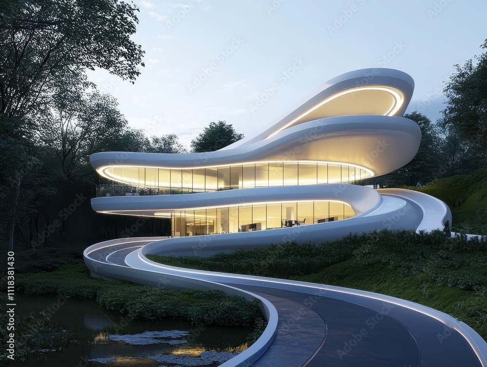 Poster futuristic building design with smooth curves and ambient lighting.
