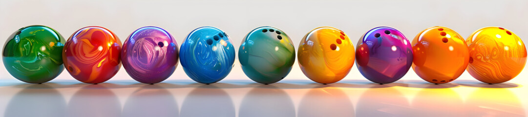 eggs background  Five colorful bowling balls in a row with reflections on a white background
