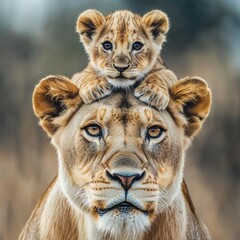 A playful lion cub perched on its mother’s head in a savanna setting.