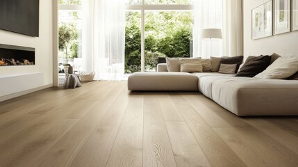 Spacious living room with a large cream sofa, polished oak flooring, and minimalist decor for a clutter-free environment