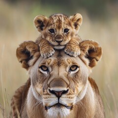 Obraz premium A playful lion cub perched on its mother’s head in a savanna setting.
