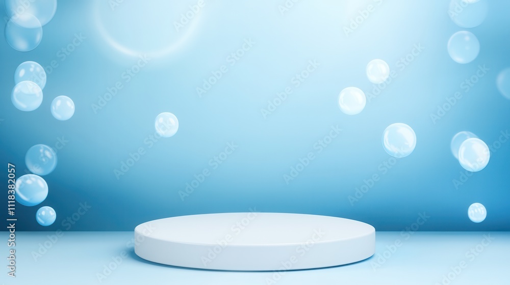 Aufkleber blue background with floating bubbles and empty round platform