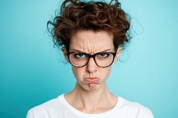 Obraz premium A woman with glasses and a white shirt expressing frustration or anger against a solid blue background.