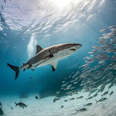 Obraz premium Majestic Tiger Shark Surrounded by Fish in Sunlit Coral Reef