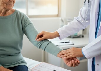 Obraz premium Female doctor checking pulse of elderly patient during medical exam in hospital room