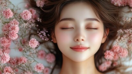 Fototapeta premium Serene Young Woman Surrounded by Delicate Pink Flowers in Nature