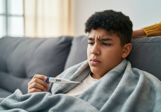 Sick boy with fever checking body temperature using digital thermometer while lying on sofa, covered with blanket, at home