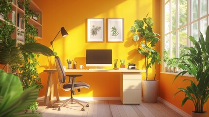 Vibrant office space with a large window, a sleek desk setup, an ergonomic chair, and greenery adding freshness