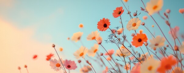 A vibrant field of colorful flowers under a clear blue sky.