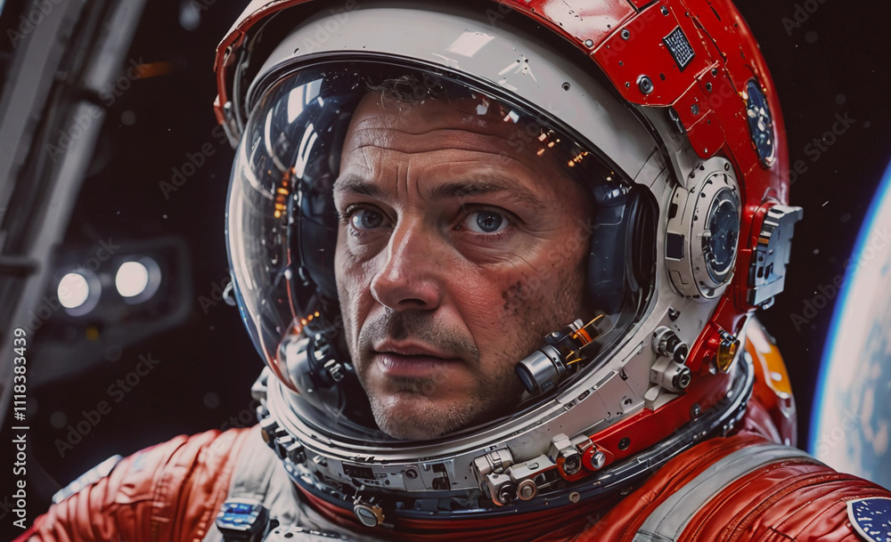 Poster a man in a red space suit is staring at the camera. the image is a work of art, with a sense of myst