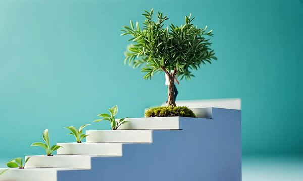 A miniature figure stands on steps surrounded by greenery, symbolizing growth and aspiration in a serene environment.