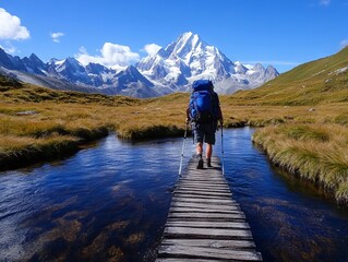A man walking across a wooden bridge over a stream in the mountains