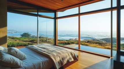 Fototapeta premium Serene Minimalist Bedroom with Ocean View in Beautiful Coastal Setting