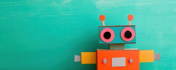 Naklejka premium Colorful paper robot toy against a vibrant turquoise background.