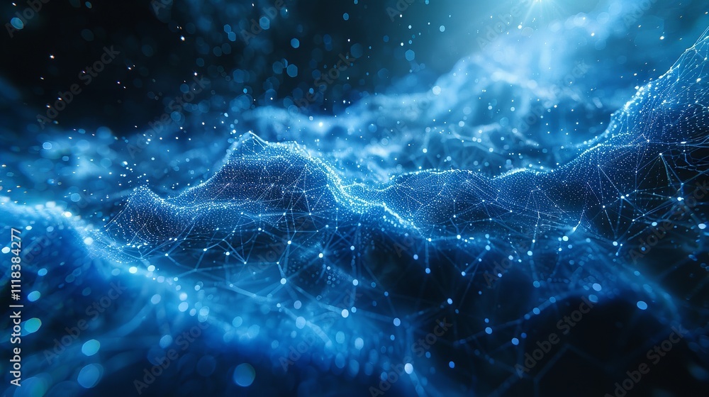 Poster blue abstract background with a network grid and particles connected. generative ai.