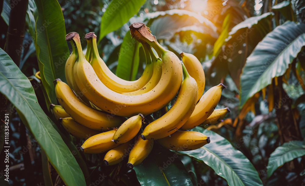 Poster a bunch of bananas are hanging from a tree. the bananas are yellow and are in bunches