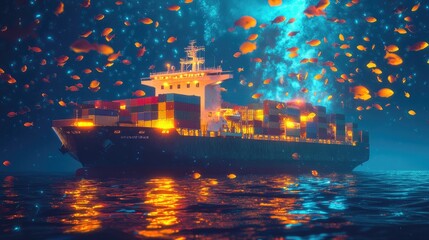 Obraz premium Container ship surrounded by schools of glowing fish, merging maritime trade with naturea is beauty