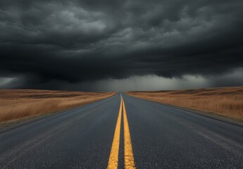 Empty road under stormy sky