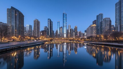 A serene city skyline with dimly lit skyscrapers on New Years night, reflecting a sense of peace and solitude.