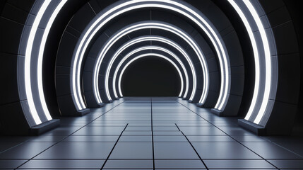 Obraz premium futuristic corridor with glowing circular lights creates modern ambiance. sleek design and symmetry evoke sense of depth and innovation, perfect for various creative projects